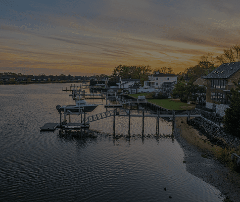 Peaceful riverside neighborhood scene